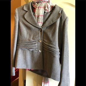 Jacket and skirt with pink shell top and scarf